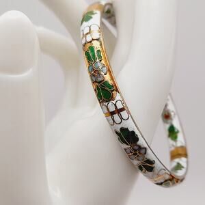 Vintage Cloisonné Hinged Bracelet White Enamel Flowers 7.25" 1960s